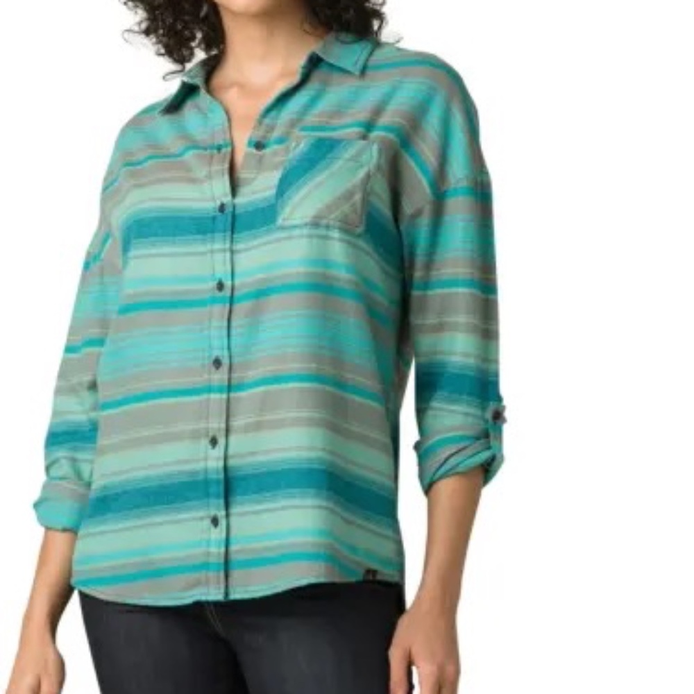 Prana Percy Flannel Button Down Shirt, Women's x-small, Atlantic Stripe